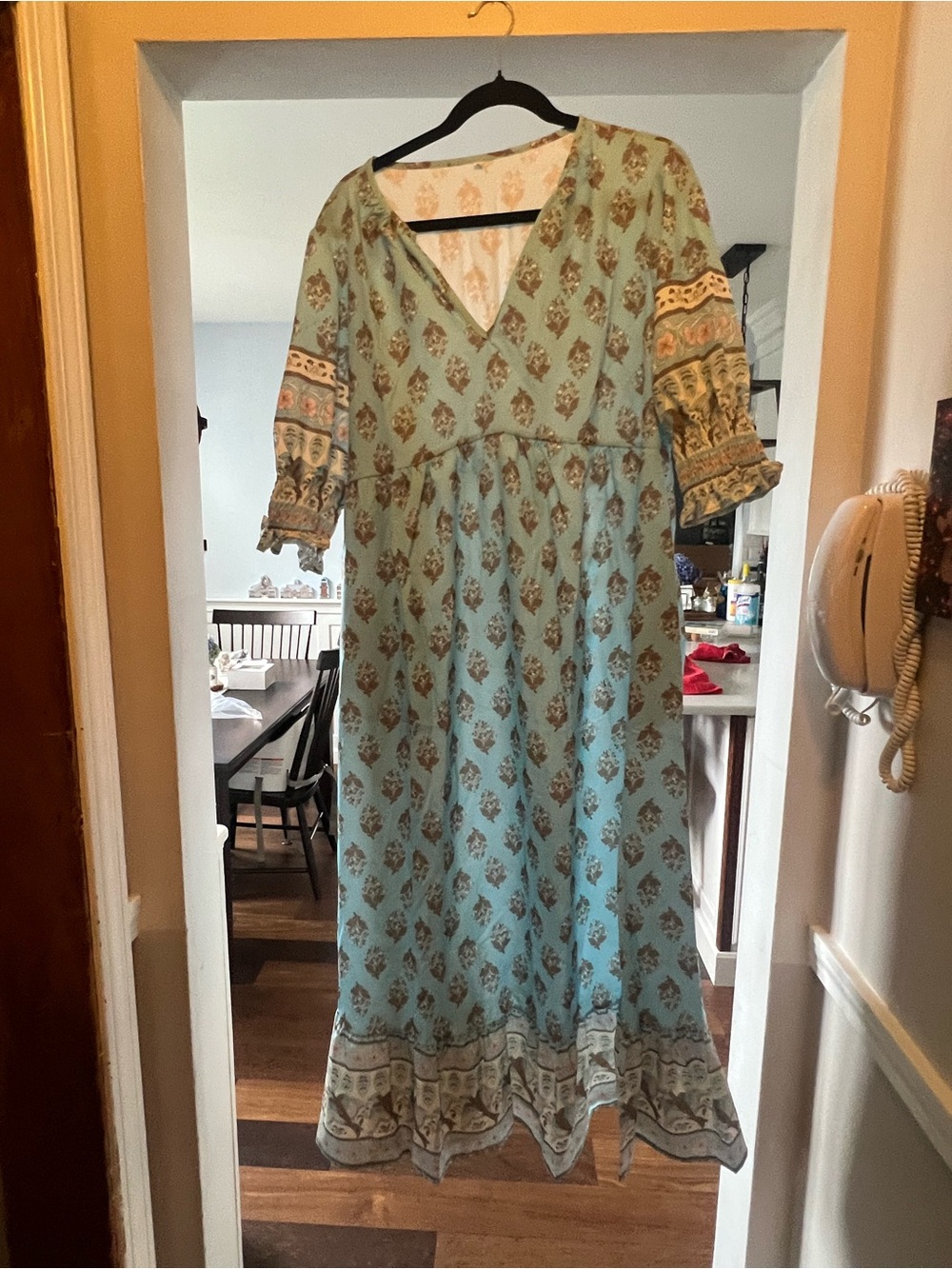 Bohemian Mint Floral Maxi Dress - V‑Neck, 3/4 Sleeves